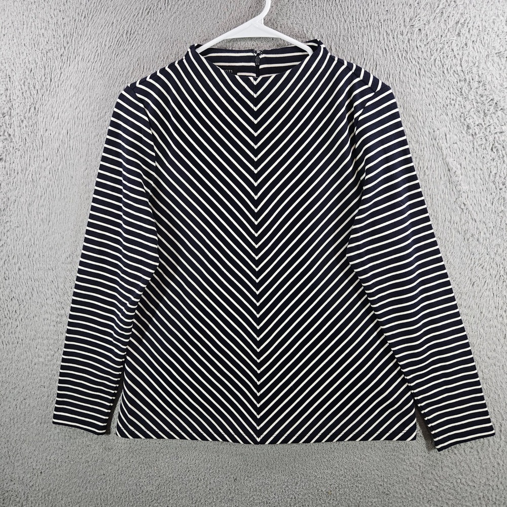 Talbots Petites Navy Blue White Striped Mock Neck Long Sleeve Top MP 100% Cotton